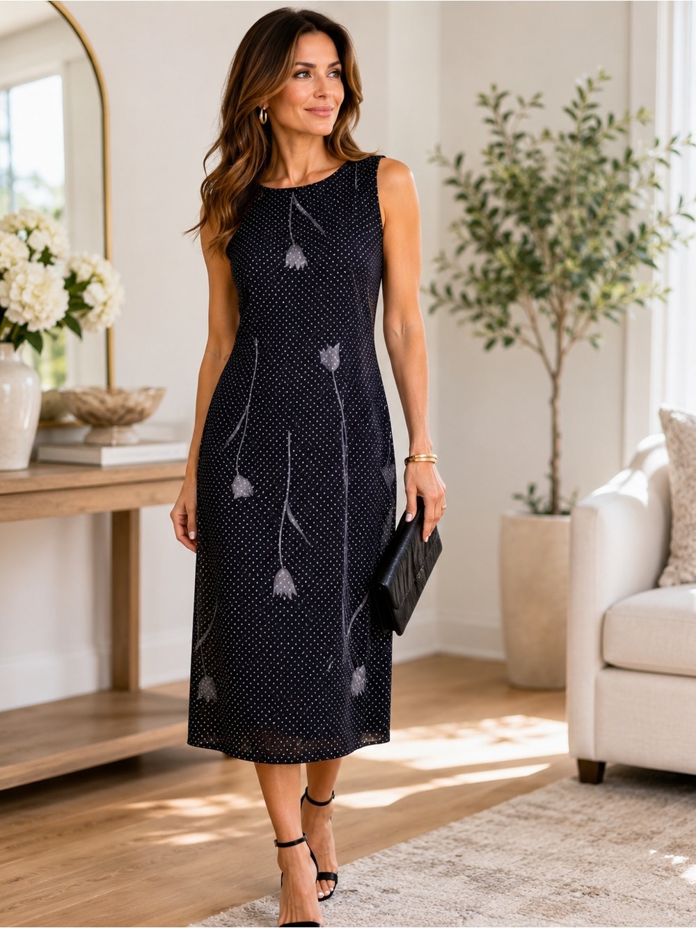 Talbots Black Sheer Polka Dot Midi Dress White Tulip Floral sleeveless 8 medium